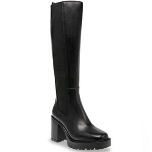 Steve‎ Madden Deegan Lug-Sole Knee-High Block-Heel Black Boots Size 9.5